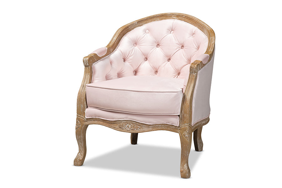 Genevieve Traditional French Provincial Light Pink Velvet Upholstered White-Washed Oak Wood Armchair
