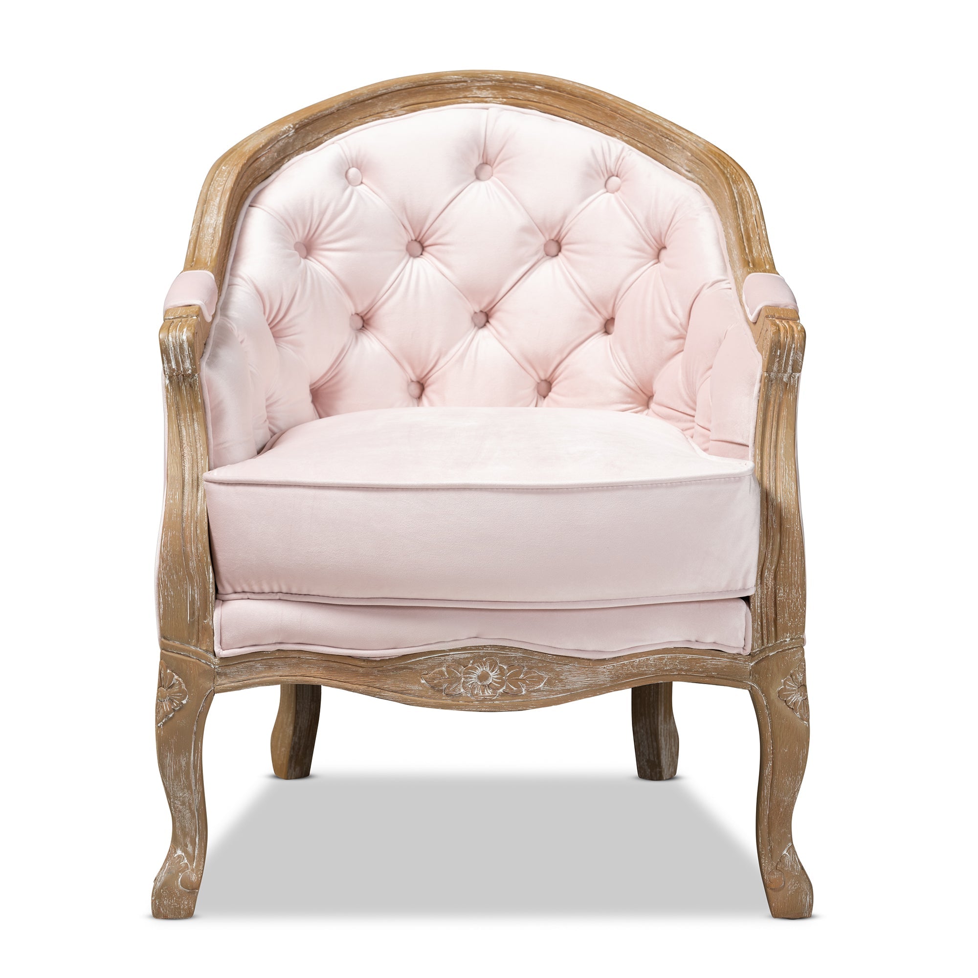 Genevieve Traditional French Provincial Light Pink Velvet Upholstered White-Washed Oak Wood Armchair