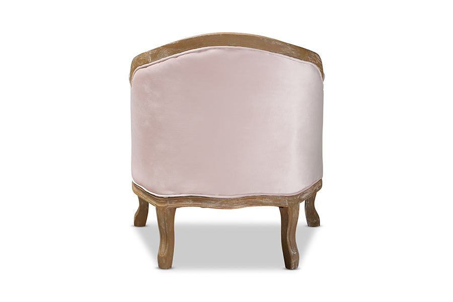 Genevieve Traditional French Provincial Light Pink Velvet Upholstered White-Washed Oak Wood Armchair