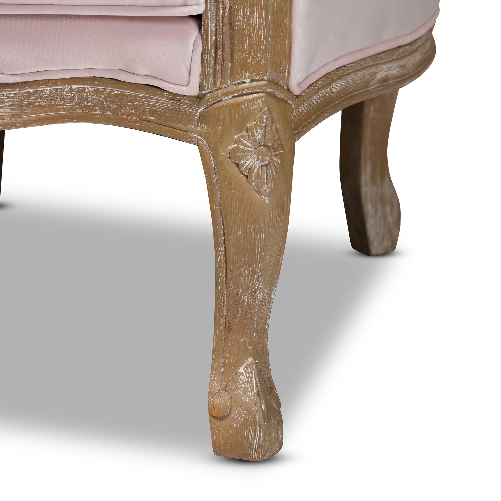 Genevieve Traditional French Provincial Light Pink Velvet Upholstered White-Washed Oak Wood Armchair
