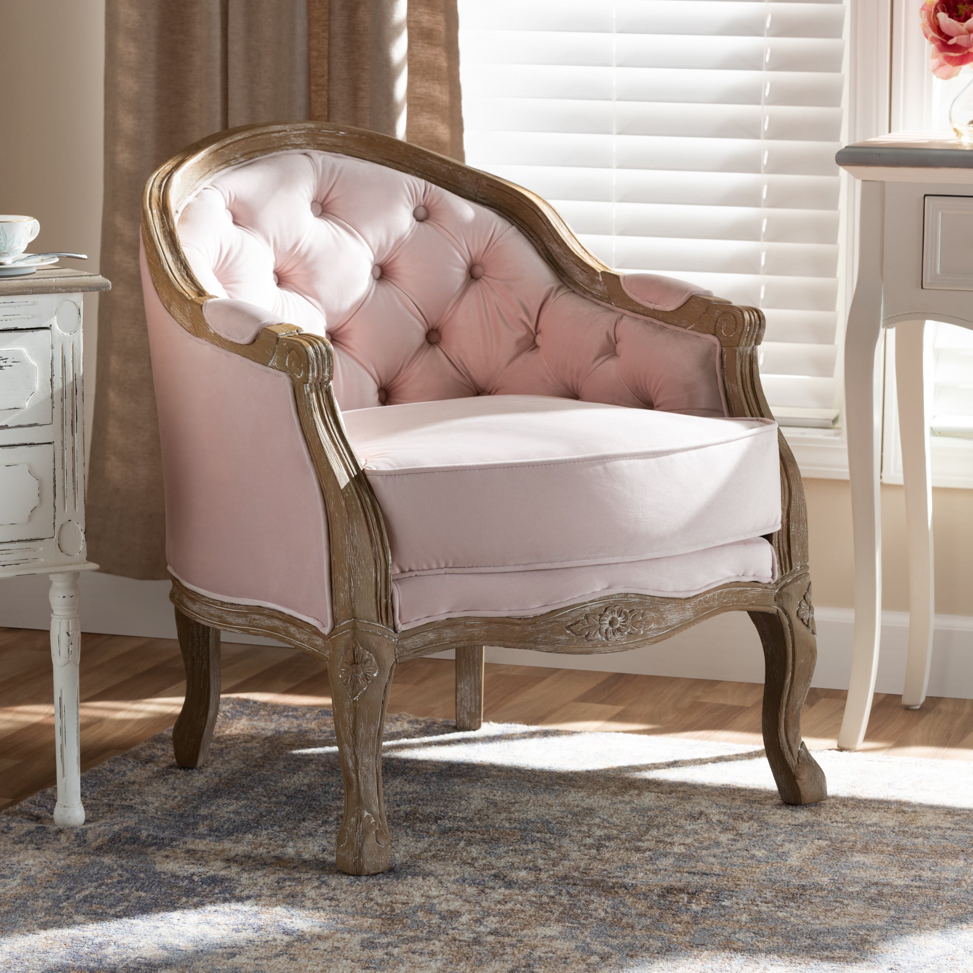 Genevieve Traditional French Provincial Light Pink Velvet Upholstered White-Washed Oak Wood Armchair