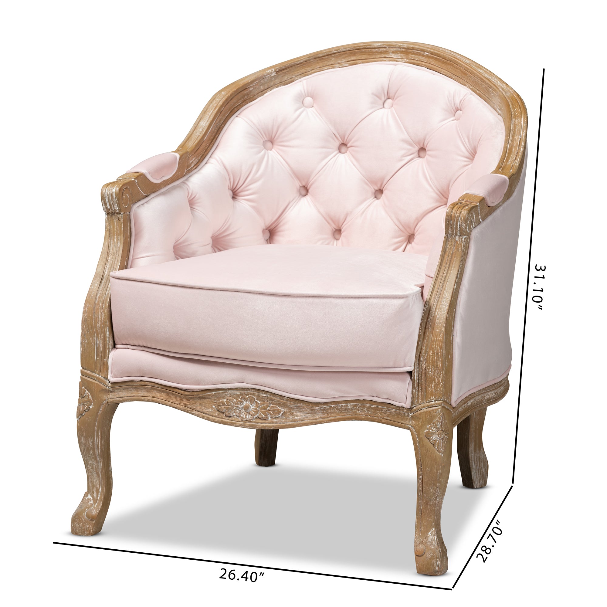 Genevieve Traditional French Provincial Light Pink Velvet Upholstered White-Washed Oak Wood Armchair