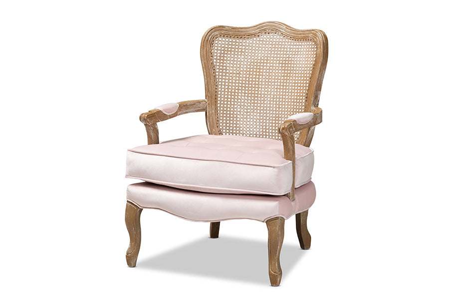 Vallea Traditional French Provincial Light Pink Velvet Fabric Upholstered White-Washed Oak Wood Armchair