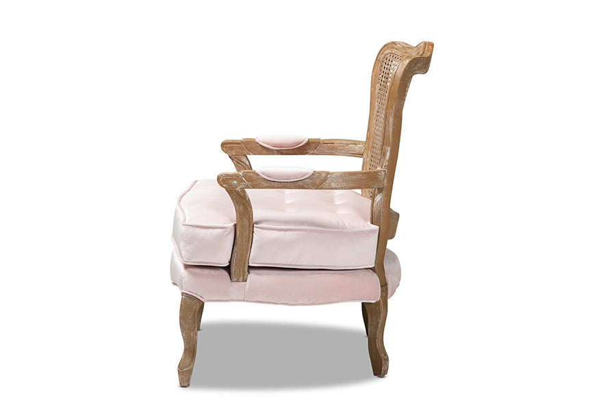 Vallea Traditional French Provincial Light Pink Velvet Fabric Upholstered White-Washed Oak Wood Armchair