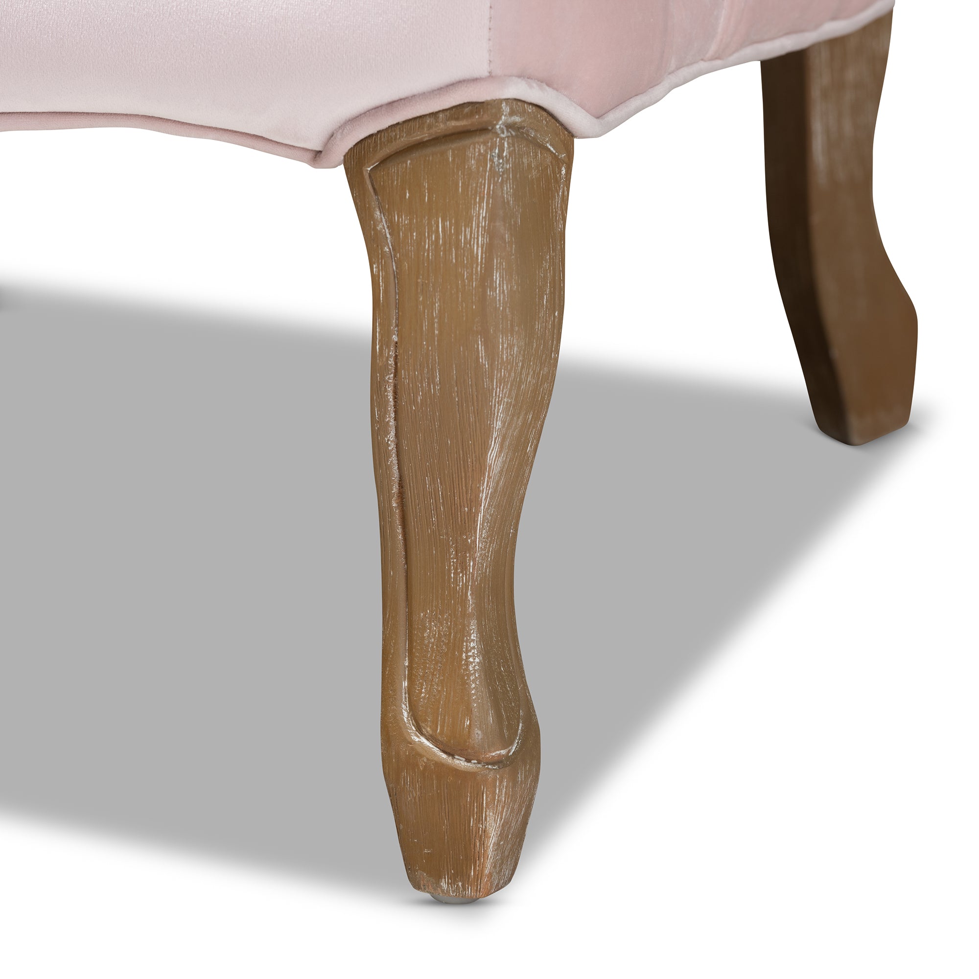 Vallea Traditional French Provincial Light Pink Velvet Fabric Upholstered White-Washed Oak Wood Armchair