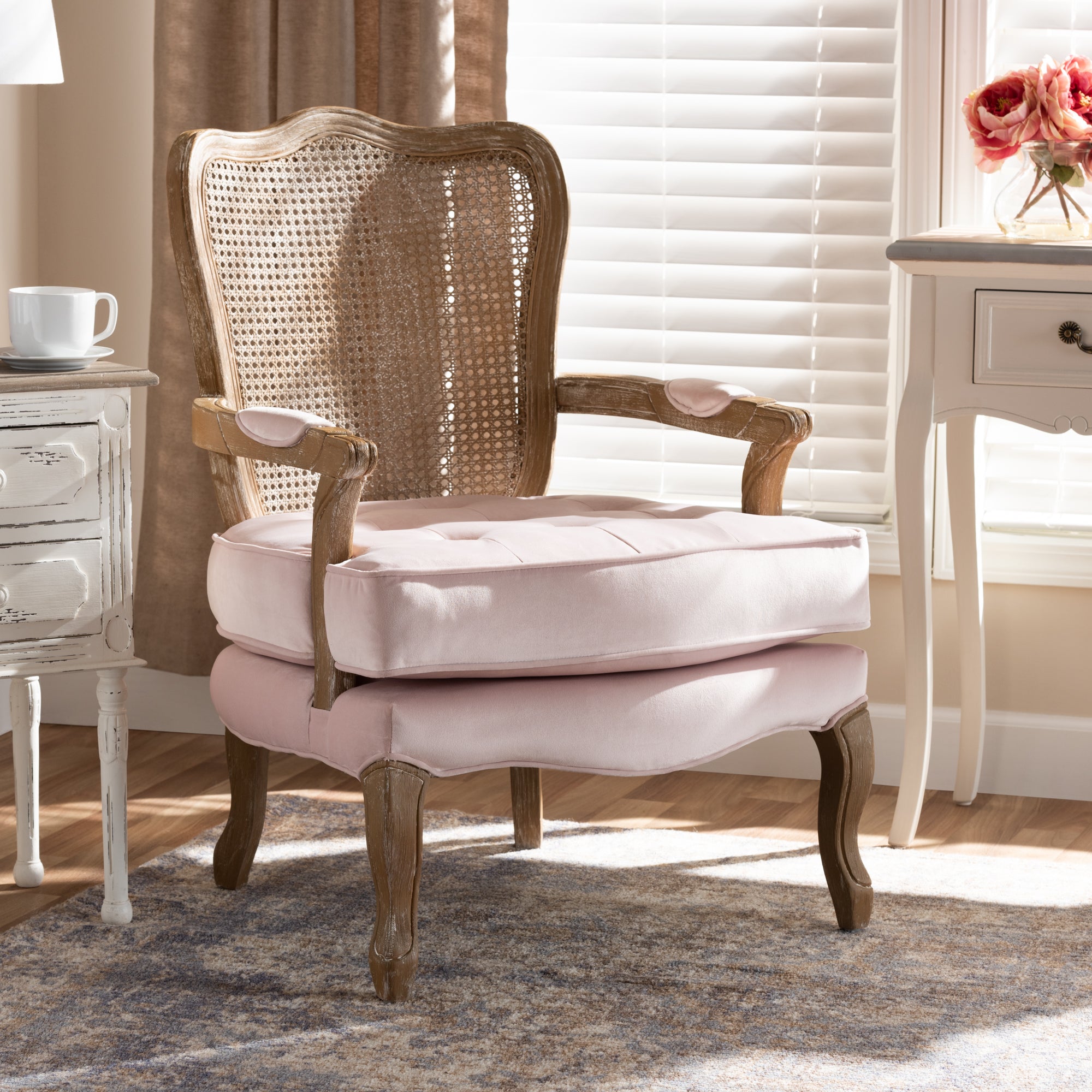 Vallea Traditional French Provincial Light Pink Velvet Fabric Upholstered White-Washed Oak Wood Armchair