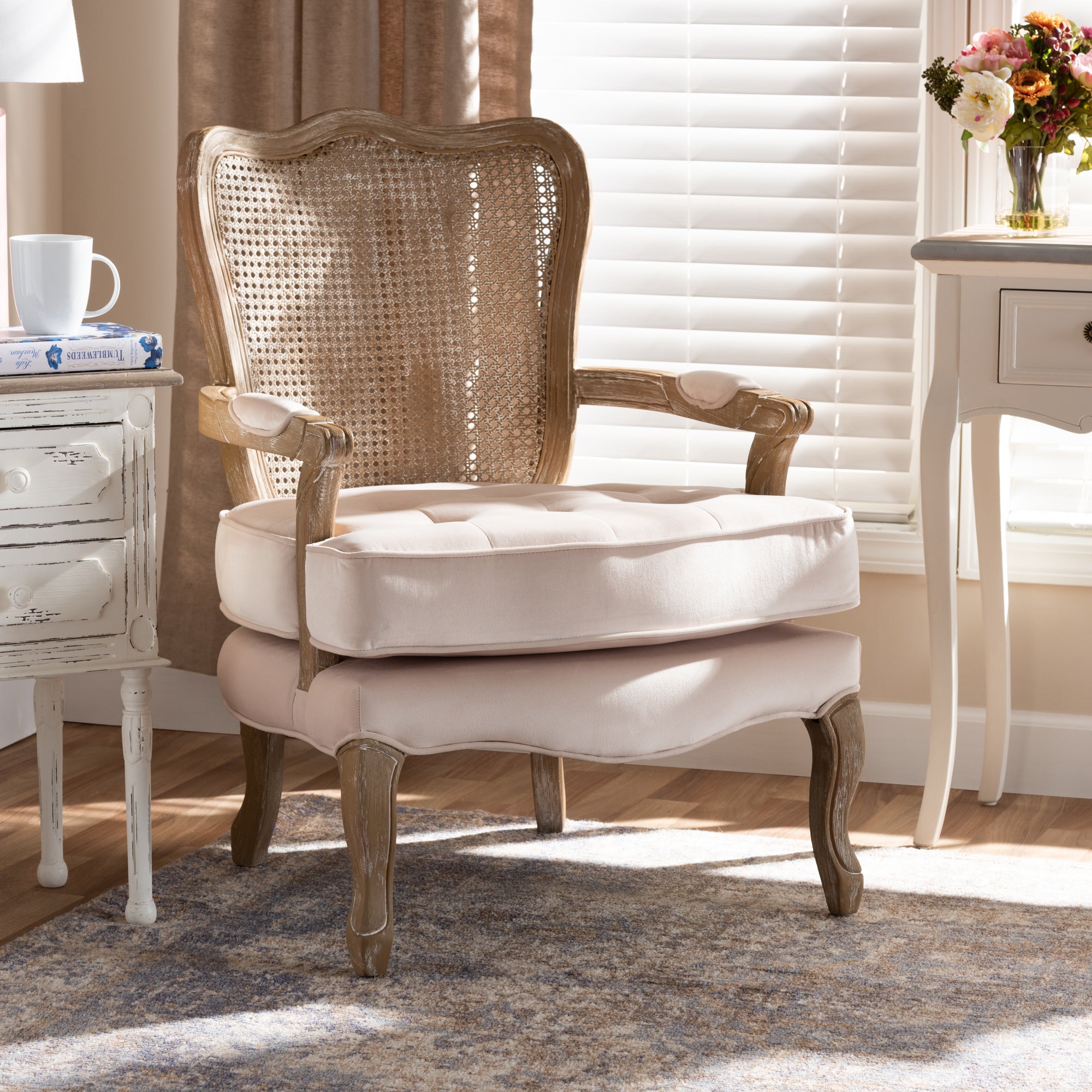 Vallea Traditional French Provincial Light Beige Velvet Fabric Upholstered White-Washed Oak Wood Armchair