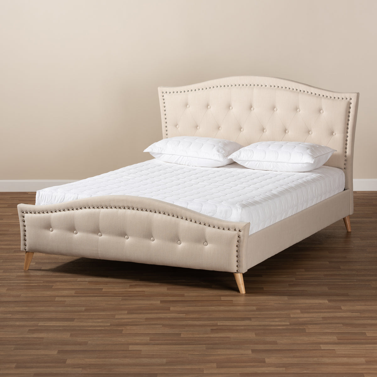 Felisa Beige Fabric Upholstered And Button Tufted King Size Platform Bed