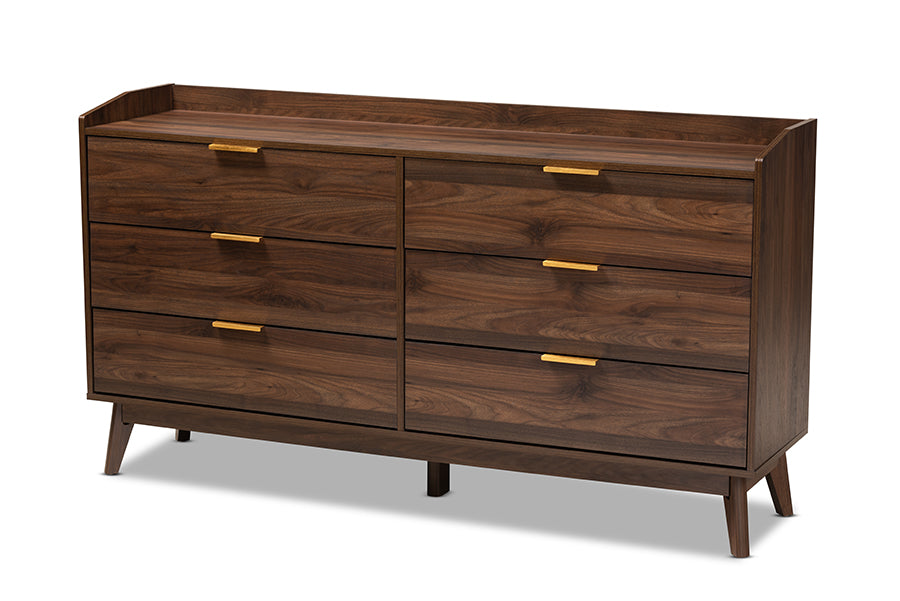 Lena Mid-Century Modern Walnut Brown Finished 6-Drawer Wood Dresser