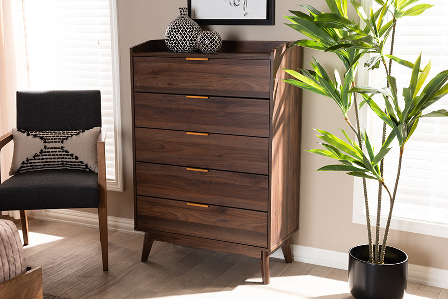 Lena Mid-Century Modern Walnut Brown Finished 5-Drawer Wood Chest