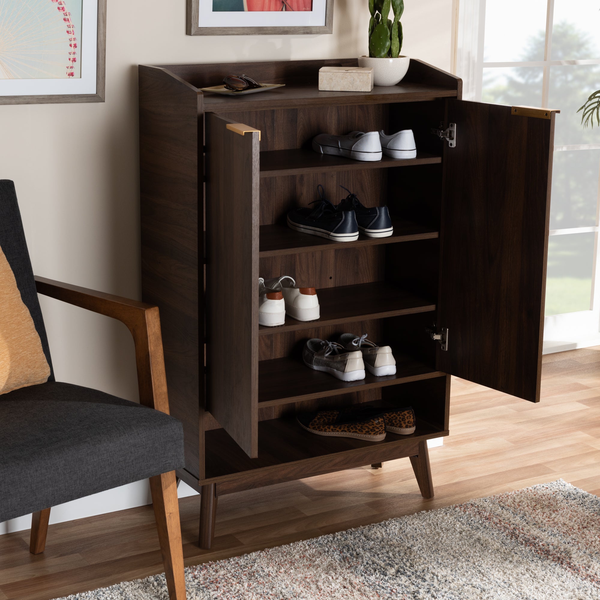 Lena Mid-Century Modern Walnut Brown Finished 5-Shelf Wood Entryway Shoe Cabinet