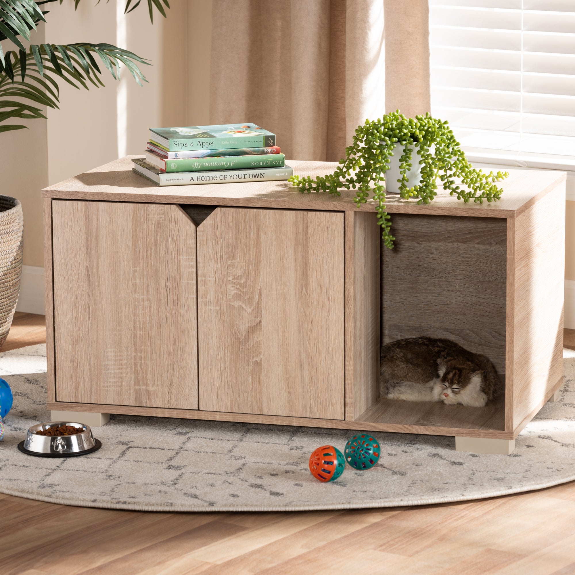 Jasper Modern and Contemporary Oak Finished 2-Door Wood Cat Litter Box Cover House