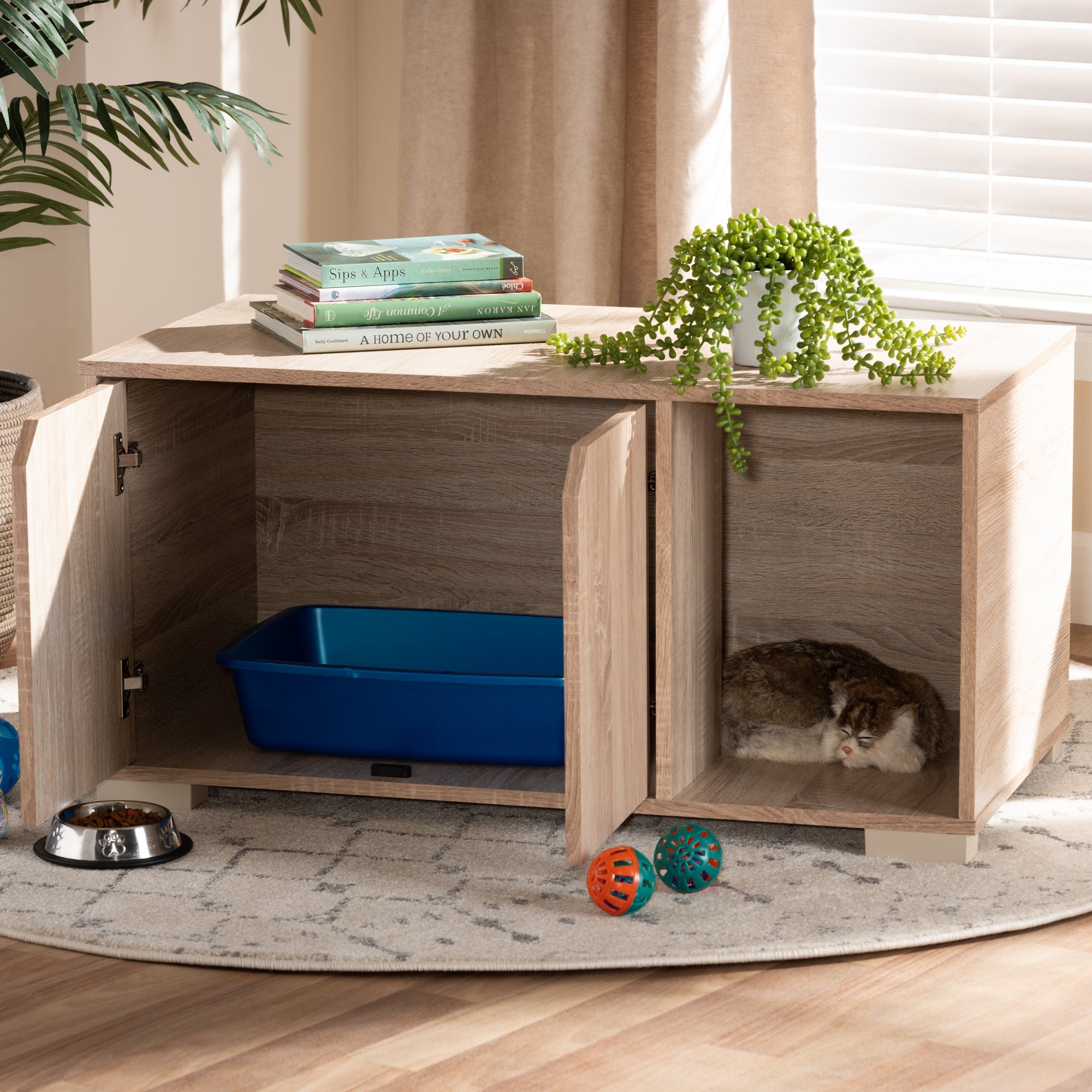 Jasper Modern and Contemporary Oak Finished 2-Door Wood Cat Litter Box Cover House