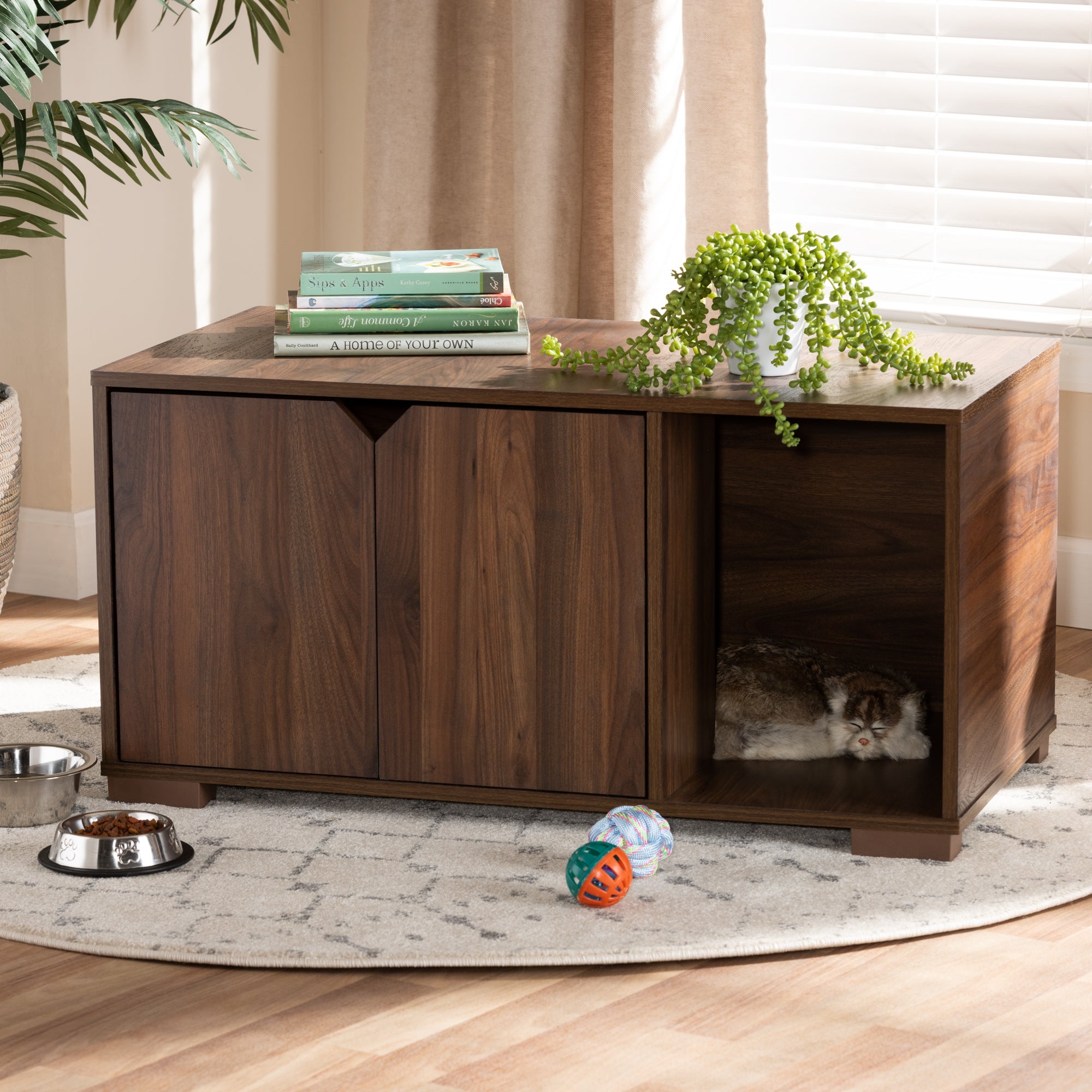 Jasper Modern and Contemporary Walnut Brown Finished 2-Door Wood Cat Litter Box Cover House