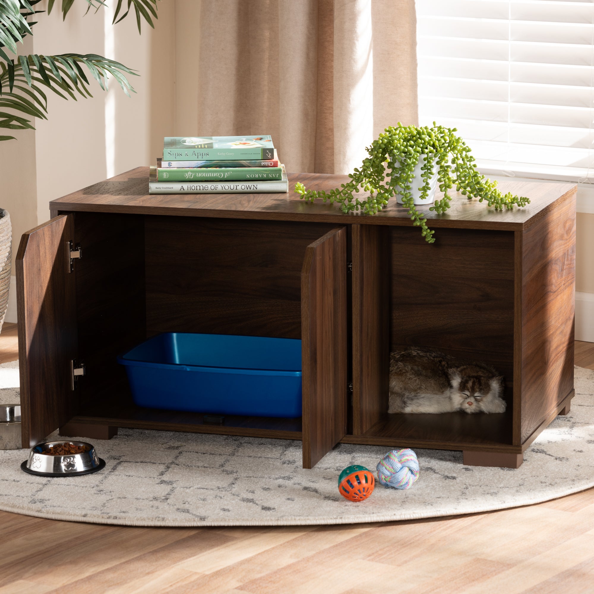 Jasper Modern and Contemporary Walnut Brown Finished 2-Door Wood Cat Litter Box Cover House