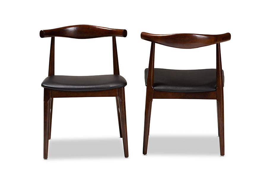 Eira Mid-Century Modern Black Faux Leather Upholstered Walnut Finished Wood Dining Chair Set of 2