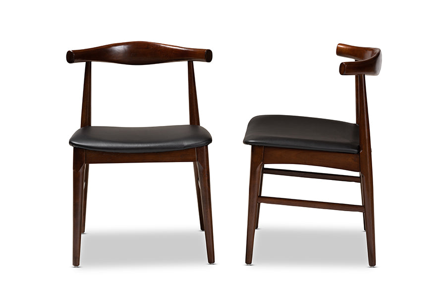 Eira Mid-Century Modern Black Faux Leather Upholstered Walnut Finished Wood Dining Chair Set of 2