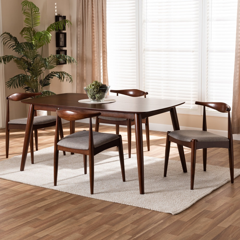 Amato Mid-Century Modern Light Gray Fabric Upholstered Walnut Finished Wood 5-Piece Dining Set