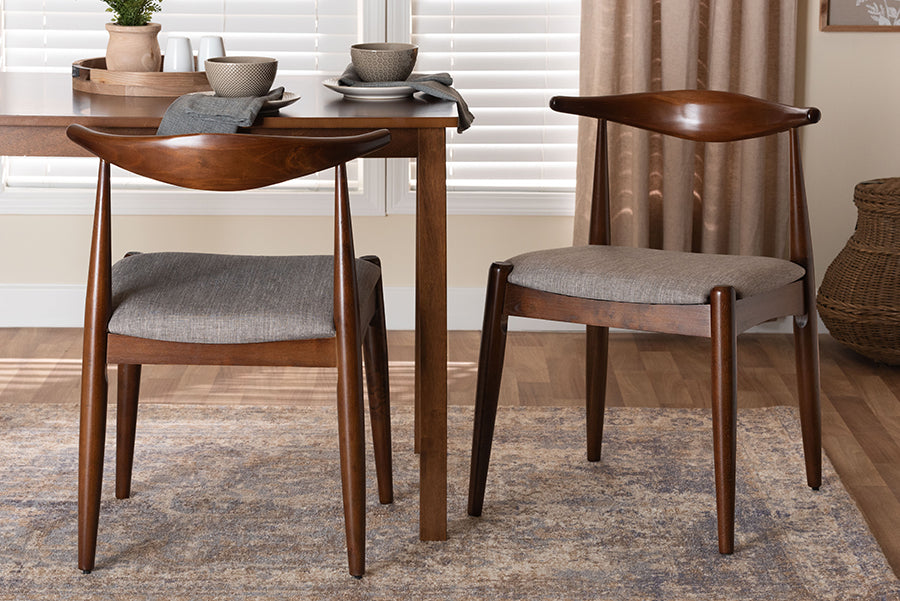 Amato Mid-Century Modern Light Gray Fabric Upholstered Walnut Finished Wood Dining Chair Set of 2