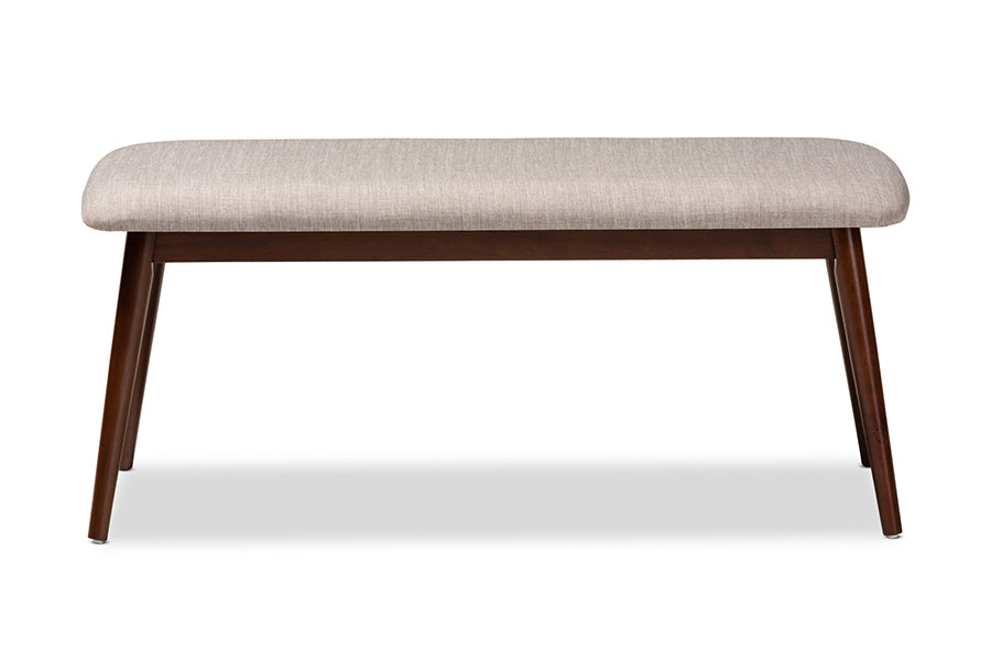 Flora Mid-Century Modern Light Grey Fabric Upholstered Walnut Finished Wood Dining Bench