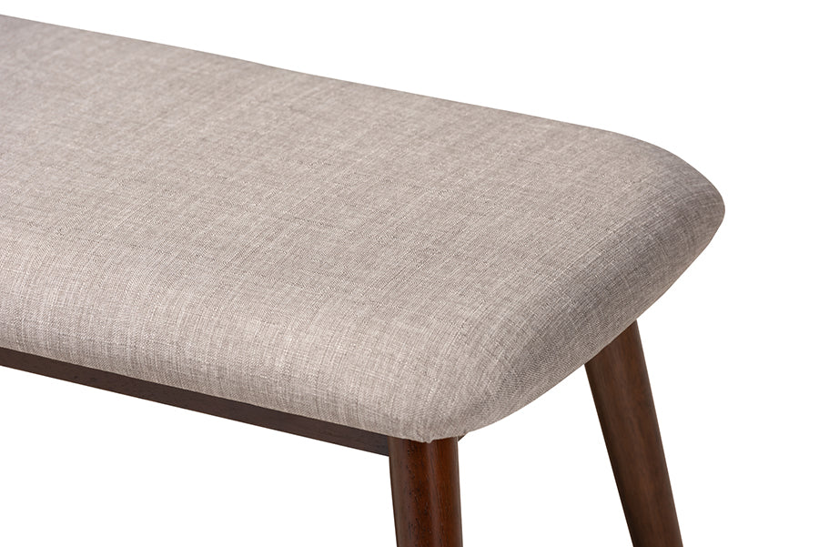 Flora Mid-Century Modern Light Grey Fabric Upholstered Walnut Finished Wood Dining Bench