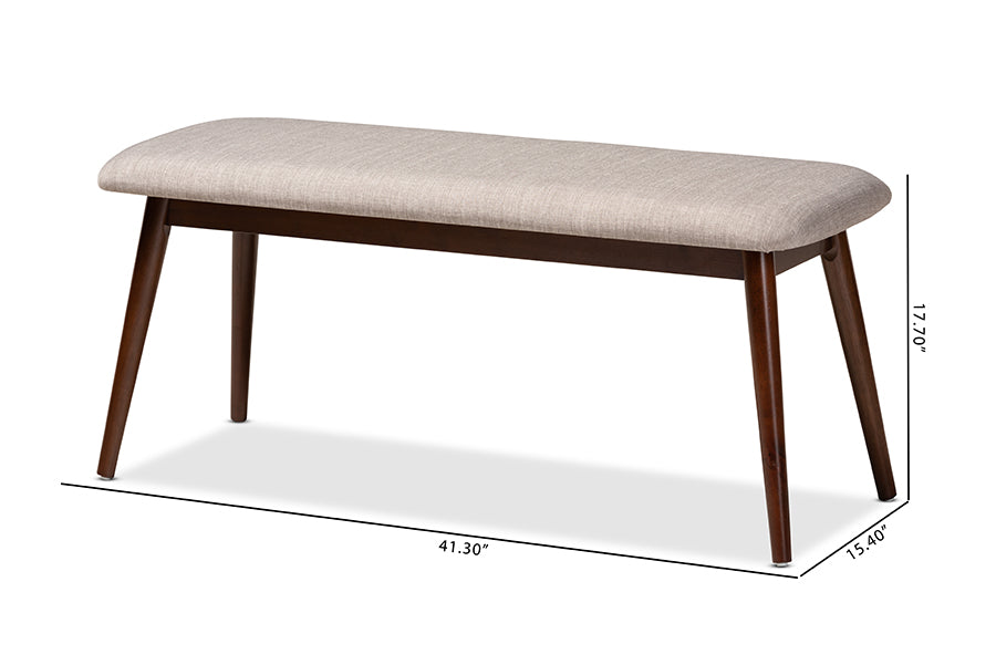 Flora Mid-Century Modern Light Grey Fabric Upholstered Walnut Finished Wood Dining Bench