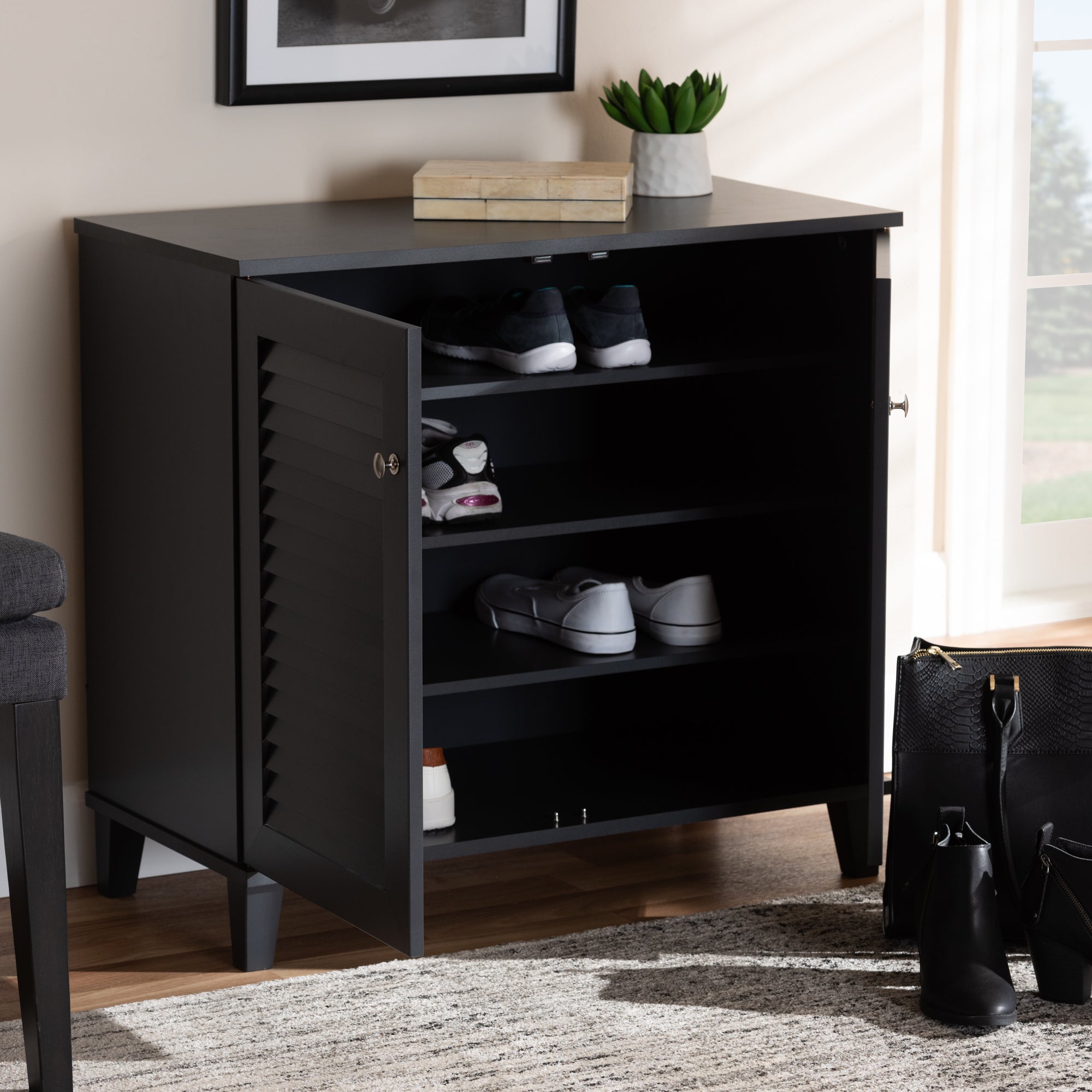 Coolidge Modern and Contemporary Dark Grey Finished 4-Shelf Wood Shoe Storage Cabinet