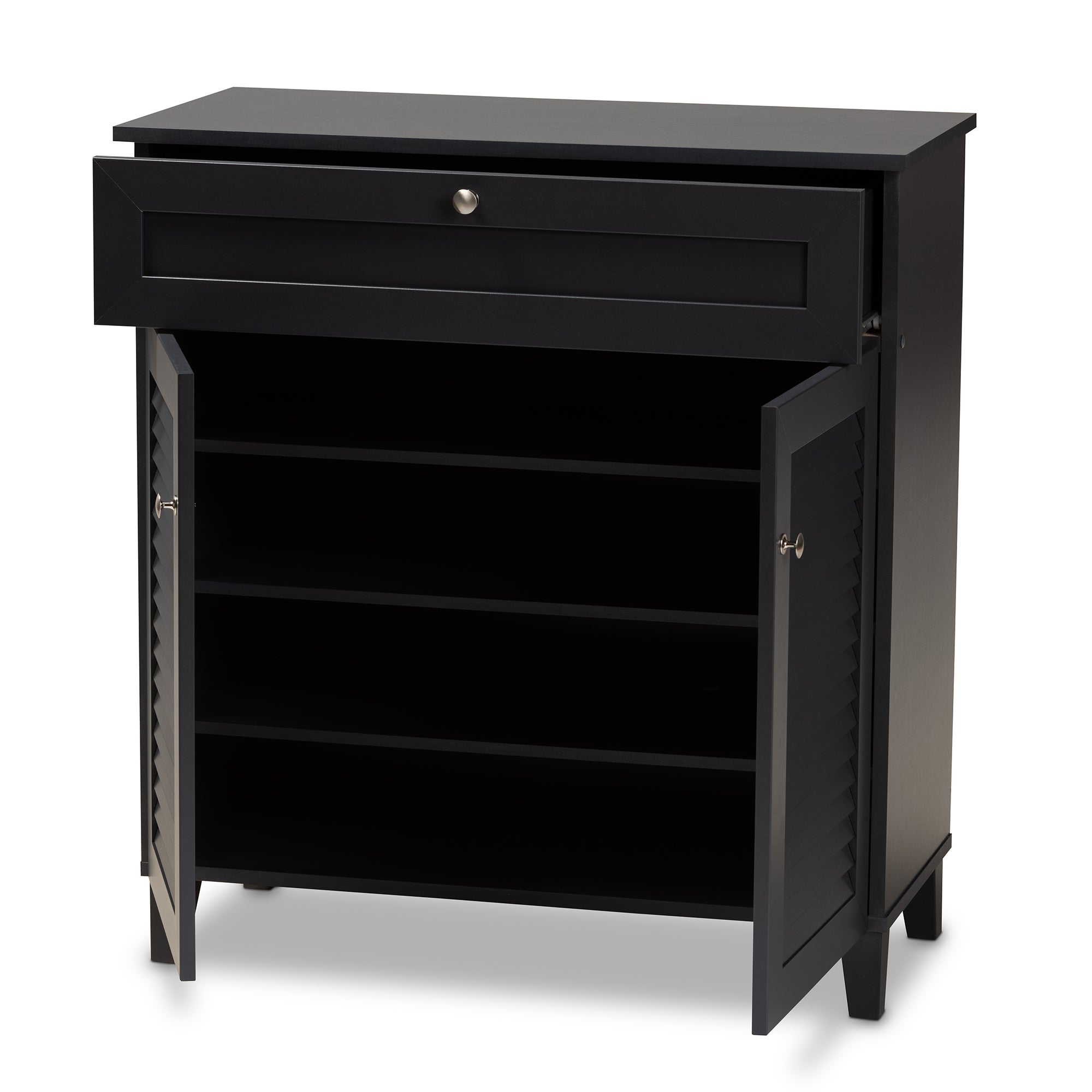 Baxton Studio Coolidge Modern and Contemporary Dark Grey Finished 4-Shelf Wood Shoe Storage Cabinet with Drawer