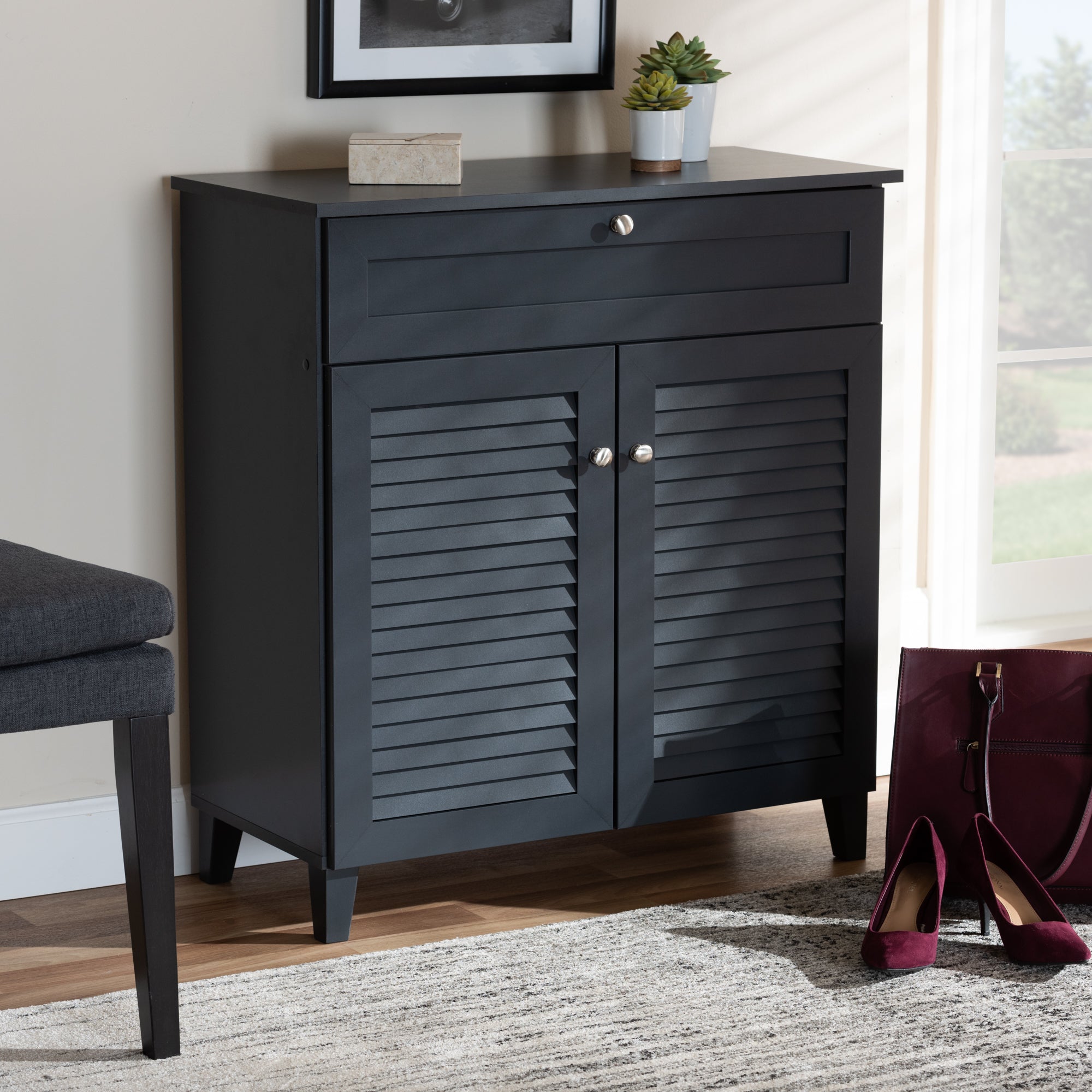 Coolidge Modern and Contemporary Dark Grey Finished 4-Shelf Wood Shoe Storage Cabinet with Drawer
