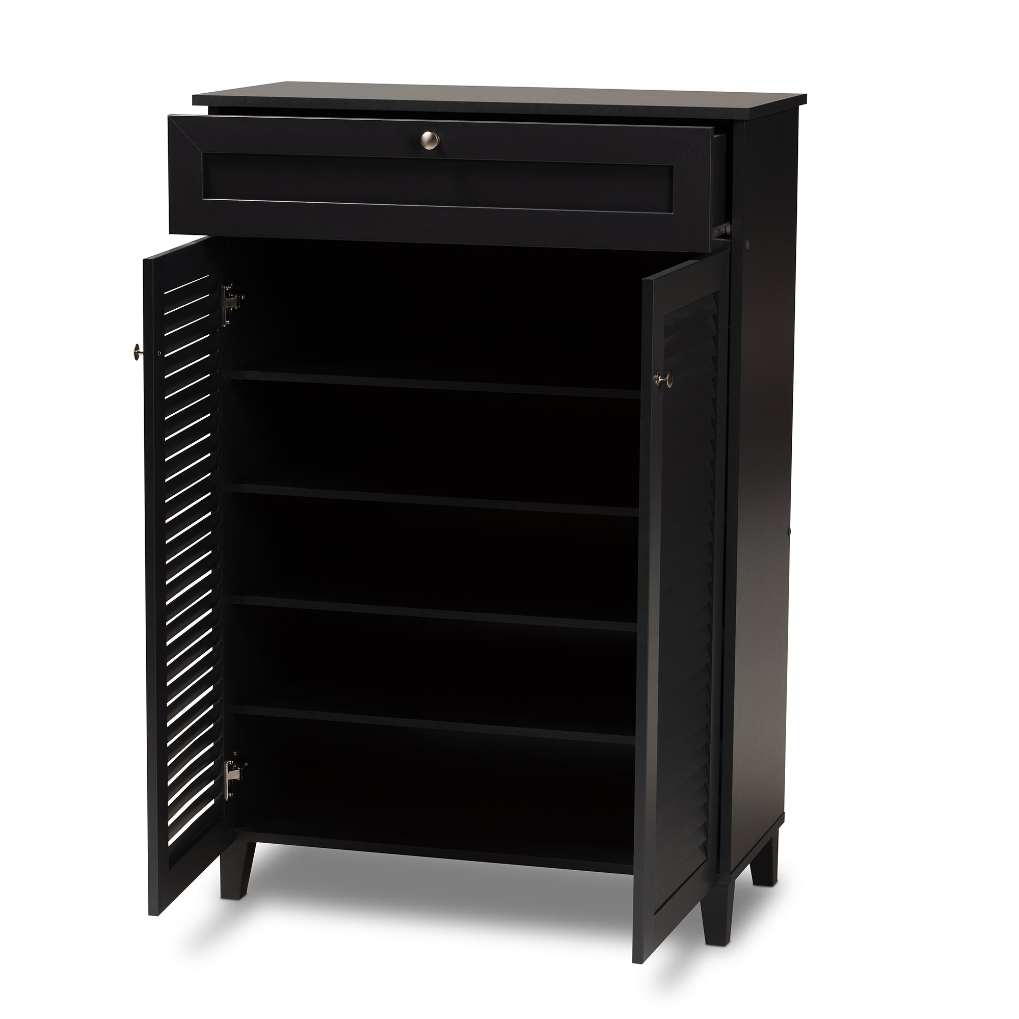 Baxton Studio Coolidge Modern and Contemporary Dark Grey Finished 5-Shelf Wood Shoe Storage Cabinet with Drawer