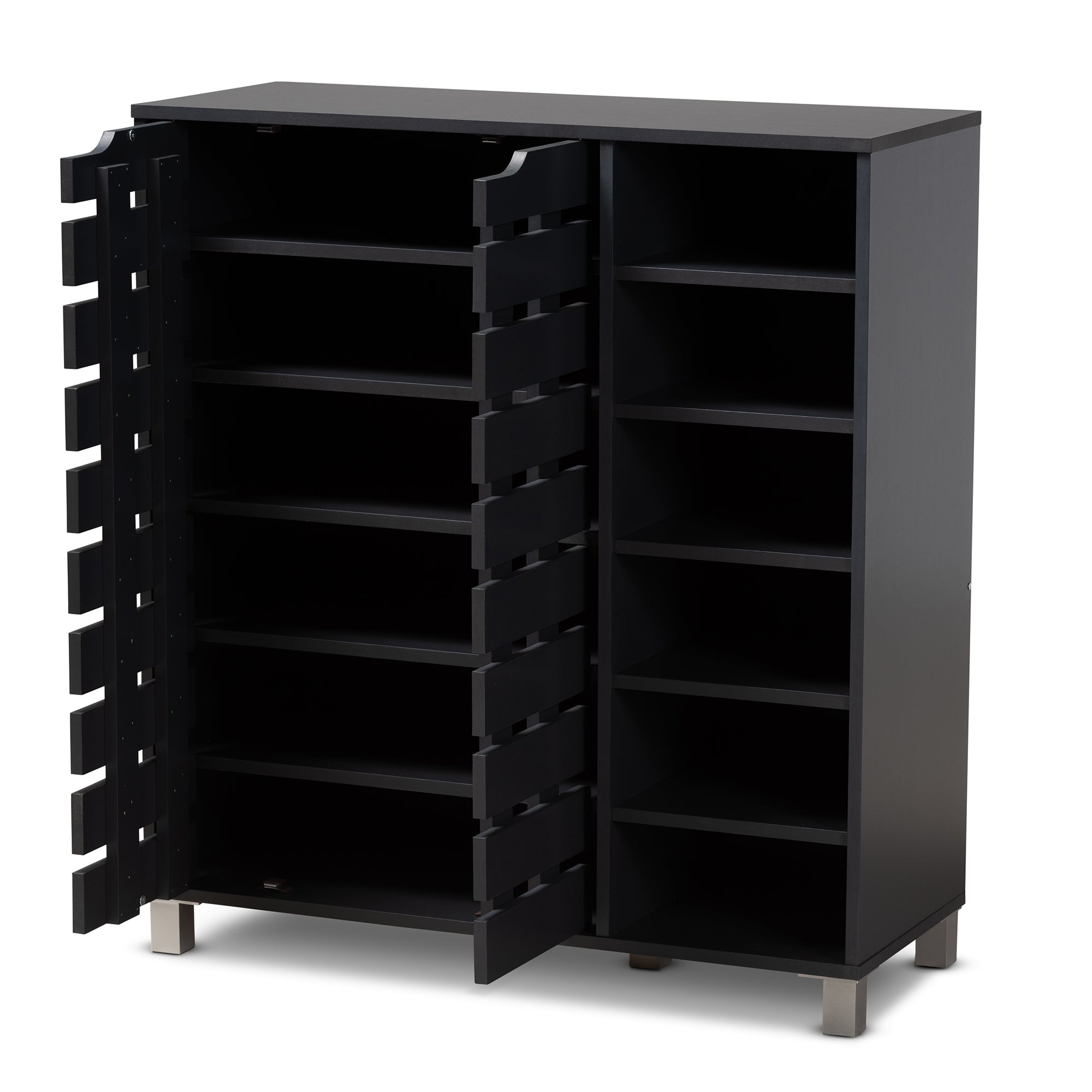 Shirley Modern and Contemporary Dark Grey Finished 2-Door Wood Shoe Storage Cabinet with Open Shelves