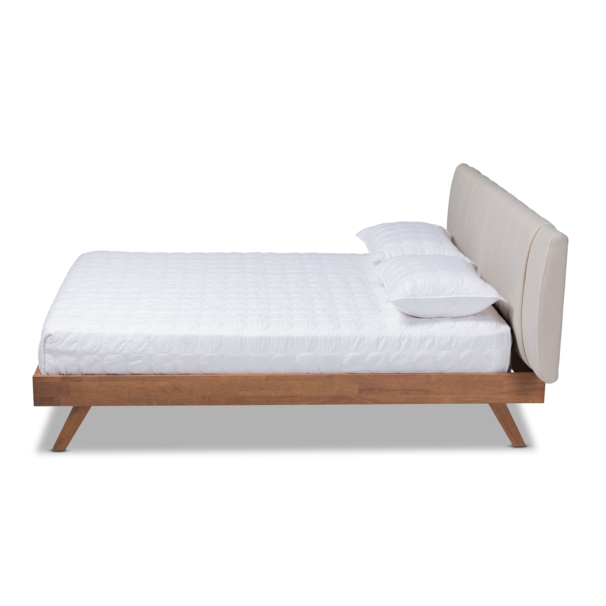 Brita Light Beige Fabric Upholstered Walnut Finished Wood King Size Bed