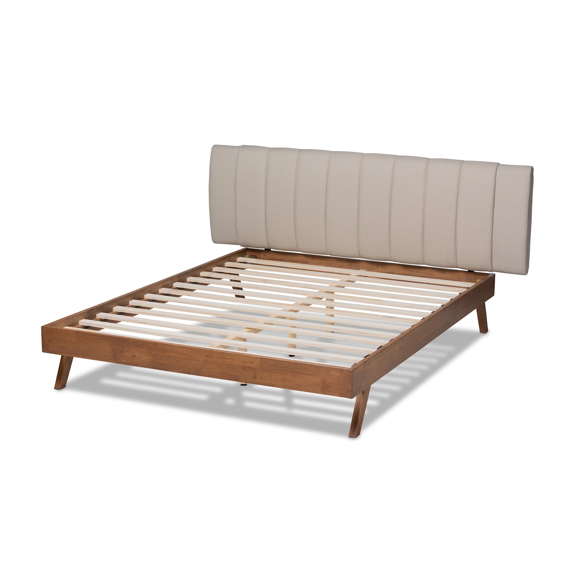Brita Light Beige Fabric Upholstered Walnut Finished Wood King Size Bed