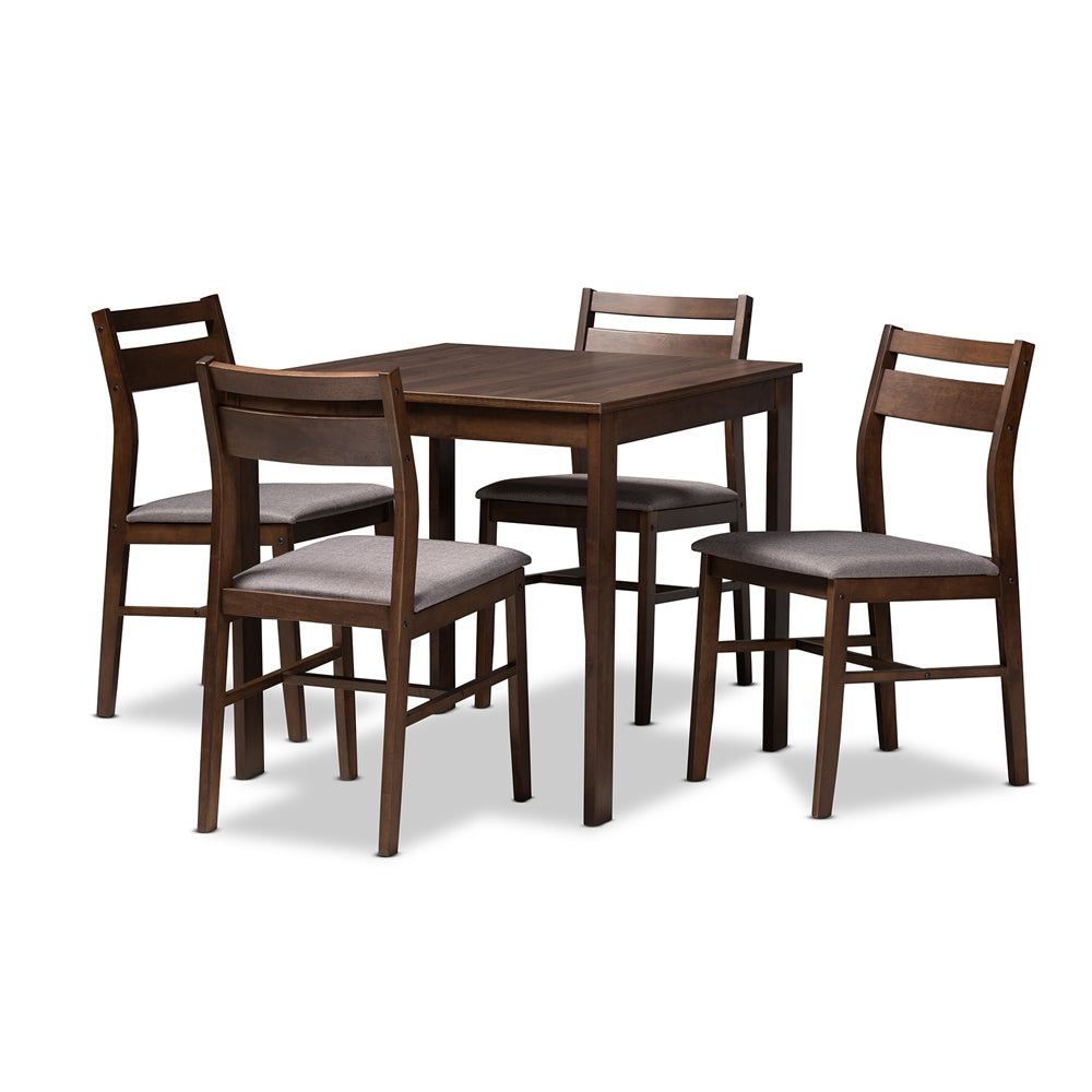 Lovy Modern and Contemporary Grey Fabric Upholstered Dark Walnut-Finished 5-Piece Wood Dining Set