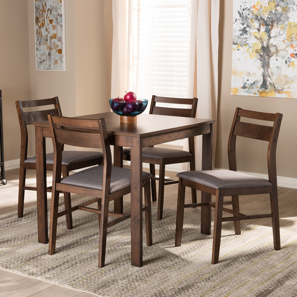 Lovy Modern and Contemporary Grey Fabric Upholstered Dark Walnut-Finished 5-Piece Wood Dining Set