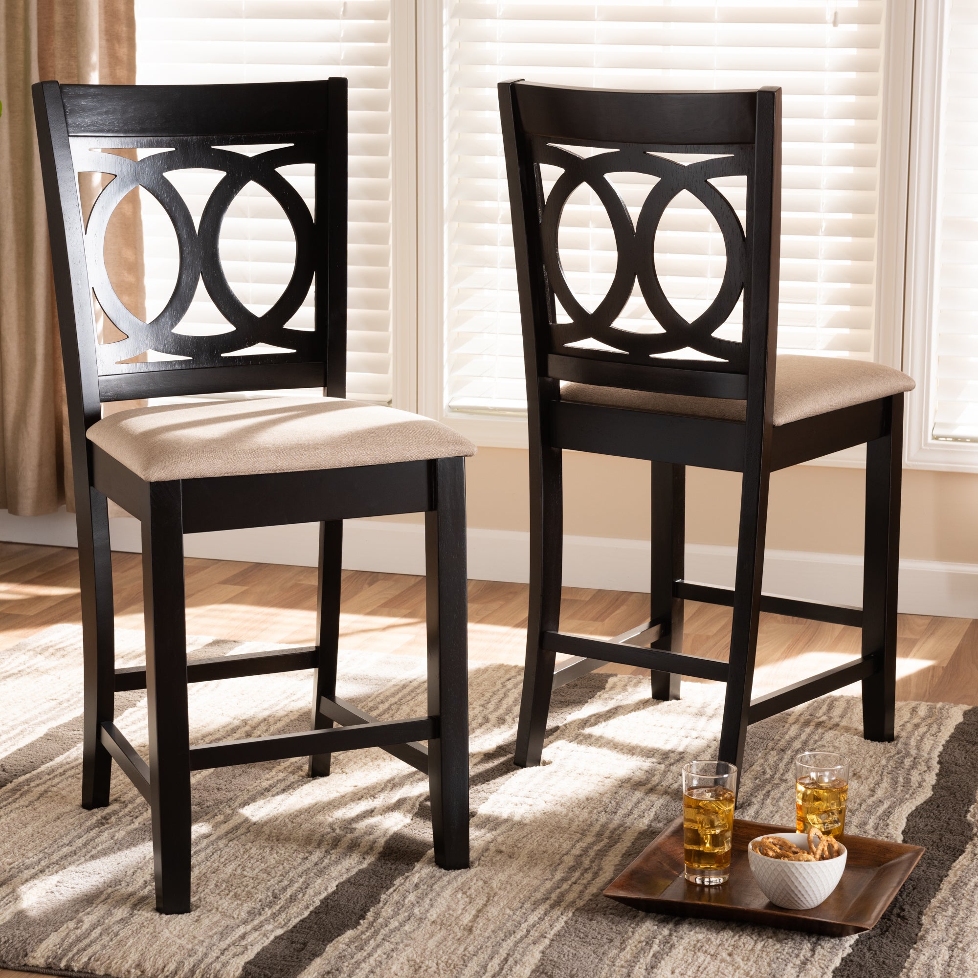 Lenoir Modern and Contemporary Sand Fabric Upholstered Espresso Brown Finished Wood 2-Piece Counter Height Pub Chair Set