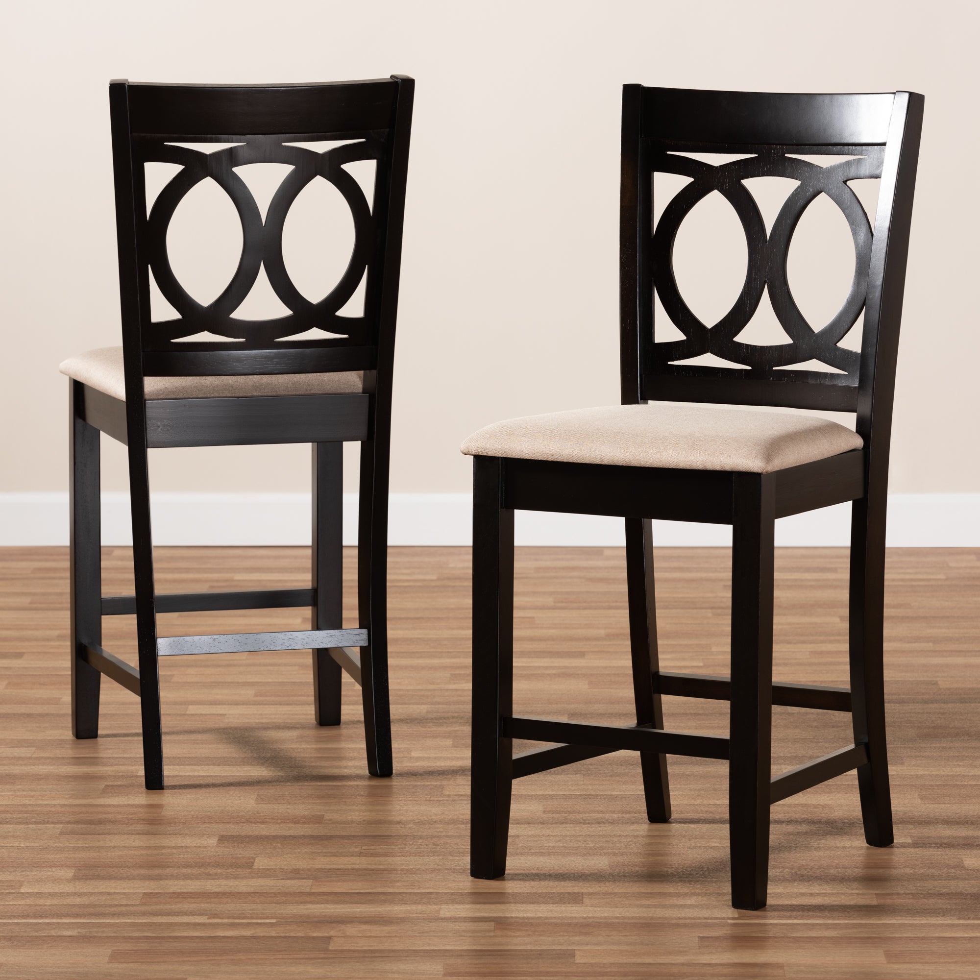 Lenoir Modern and Contemporary Sand Fabric Upholstered Espresso Brown Finished Wood 2-Piece Counter Height Pub Chair Set