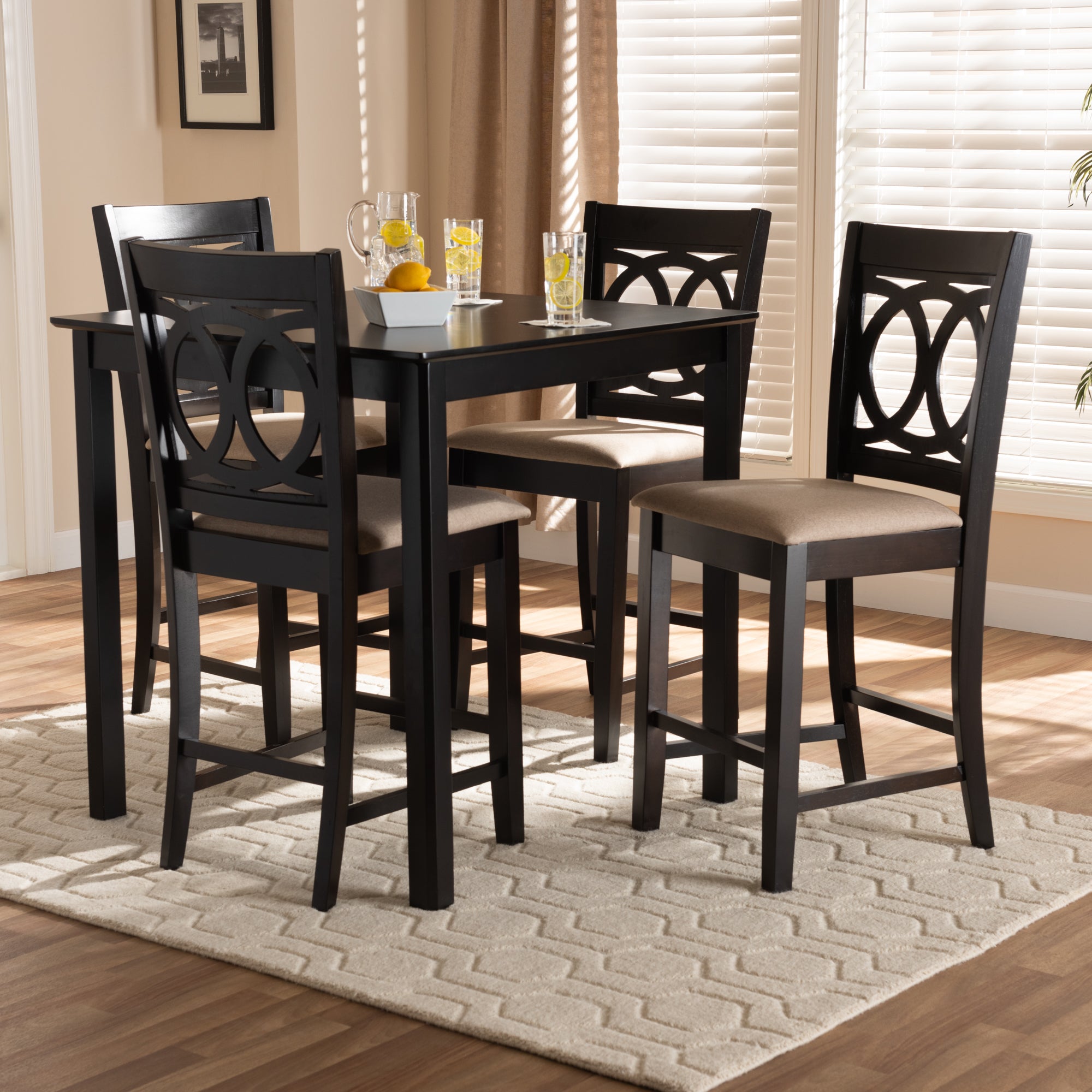 Lenoir Modern and Contemporary Sand Fabric Upholstered Espresso Brown Finished 5-Piece Wood Pub Set