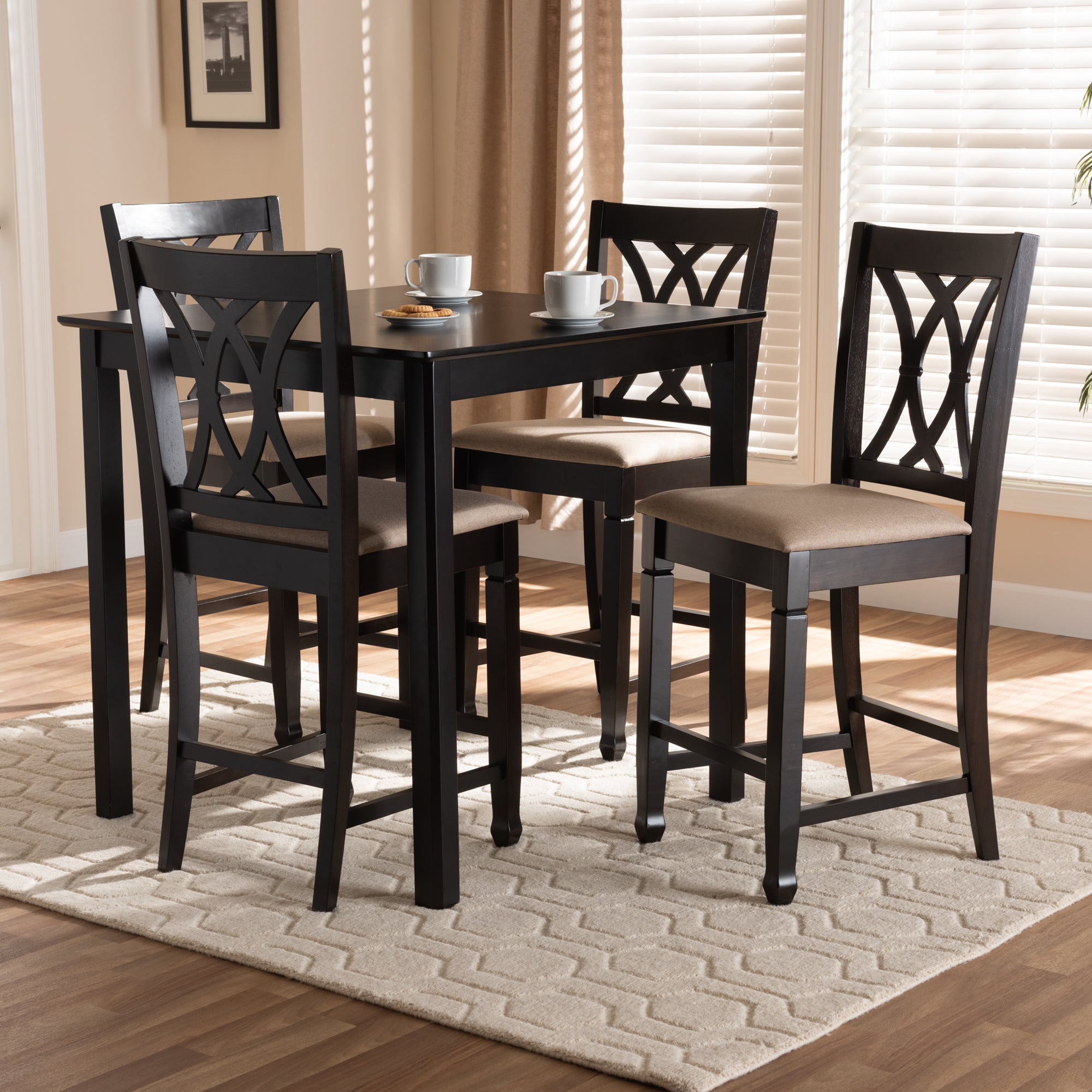 Reneau Modern and Contemporary Sand Fabric Upholstered Espresso Brown Finished 5-Piece Wood Pub Set