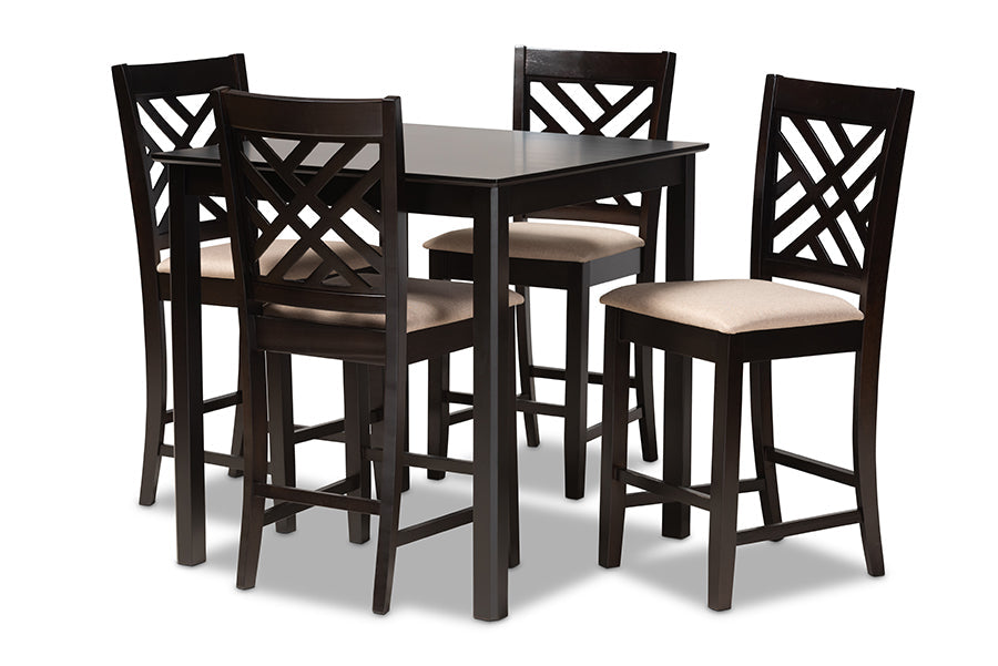 Caron Modern and Contemporary Sand Fabric Upholstered Espresso Brown Finished 5-Piece Wood Pub Set
