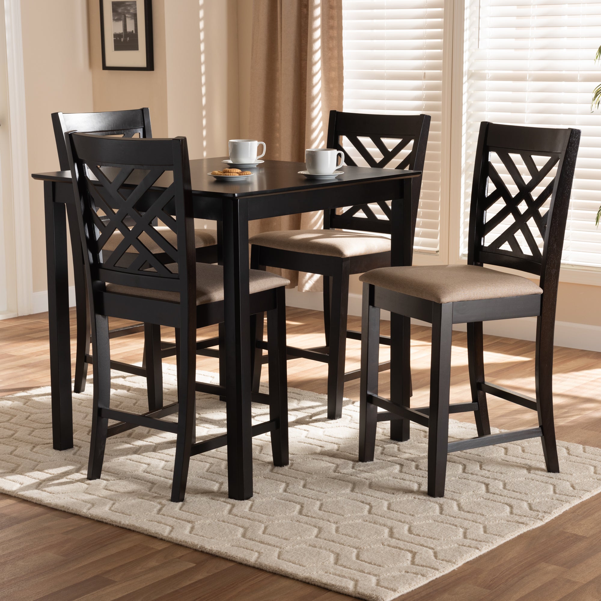Caron Modern and Contemporary Sand Fabric Upholstered Espresso Brown Finished 5-Piece Wood Pub Set