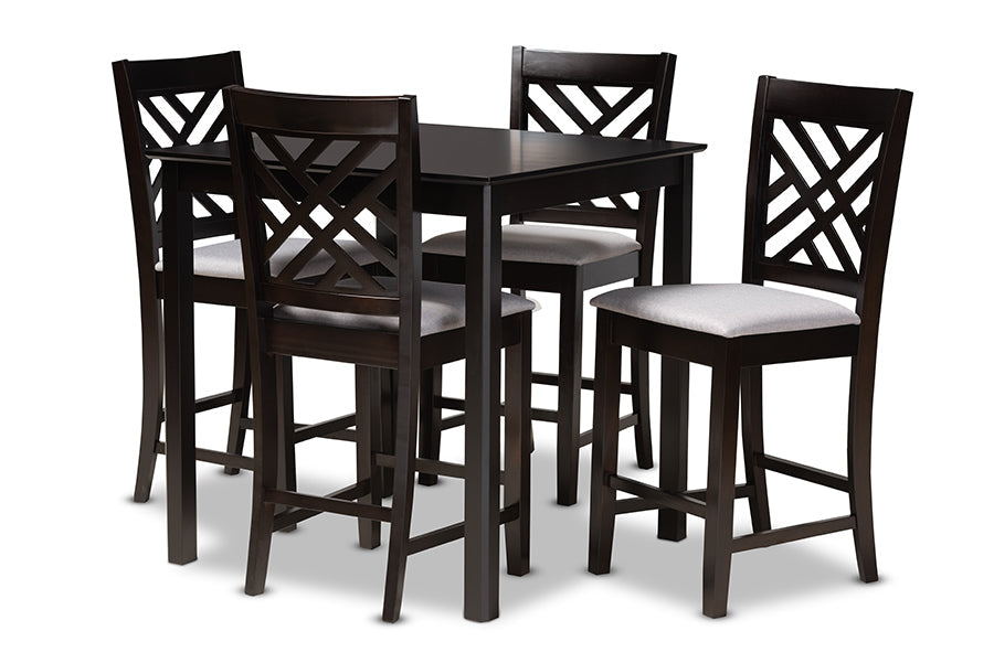 Caron Modern and Contemporary Grey Fabric Upholstered Espresso Brown Finished 5-Piece Wood Pub Set