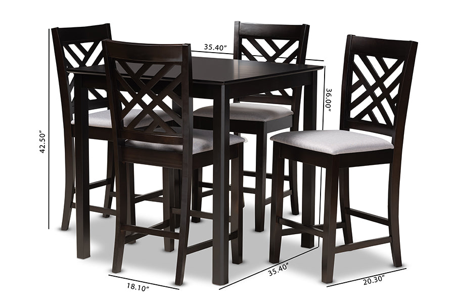 Caron Modern and Contemporary Grey Fabric Upholstered Espresso Brown Finished 5-Piece Wood Pub Set