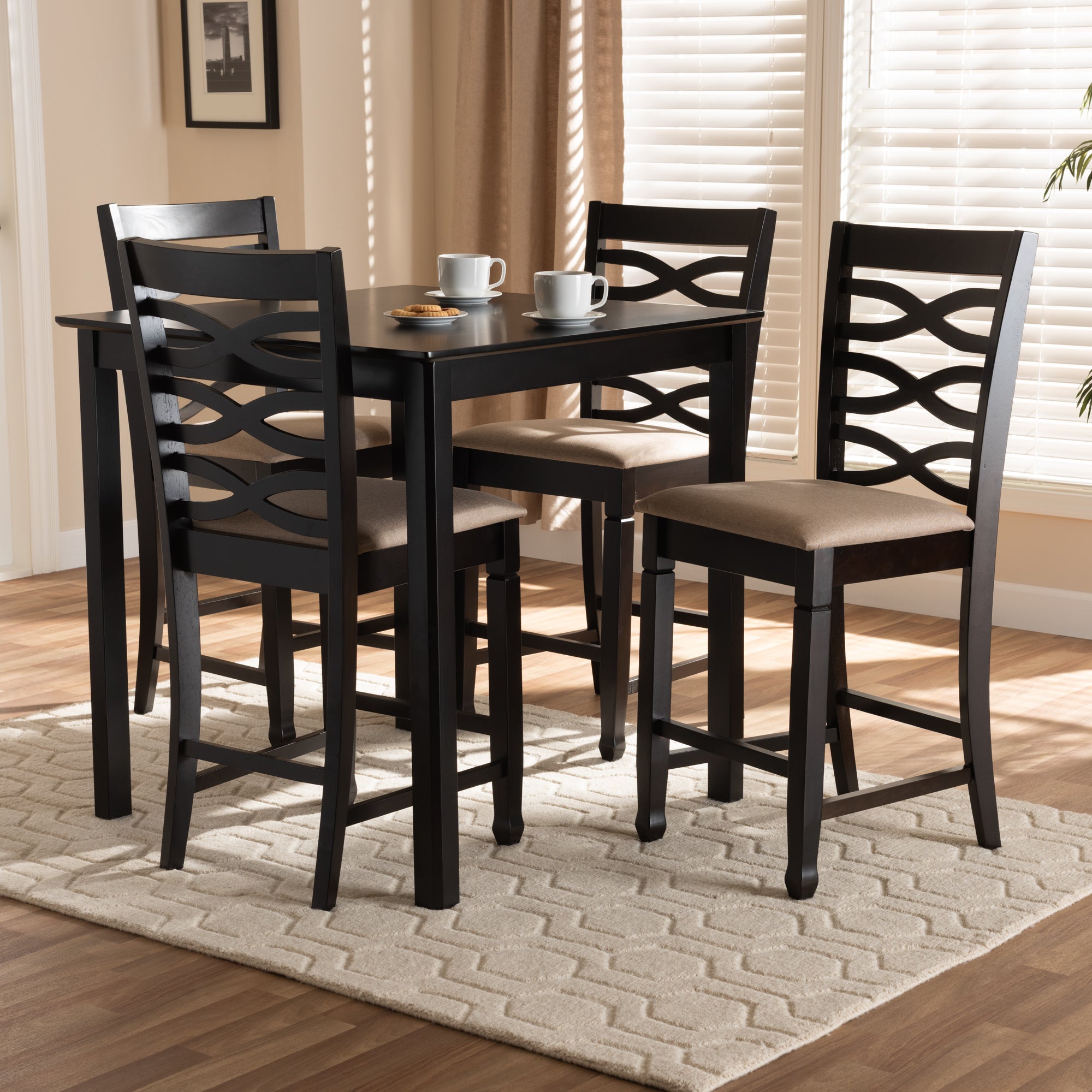 Lanier Modern and Contemporary Sand Fabric Upholstered Espresso Brown Finished 5-Piece Wood Pub Set