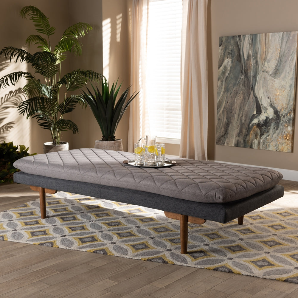 Marit Mid-Century Modern Two-Tone Grey Fabric Upholstered Walnut Finished Wood Daybed