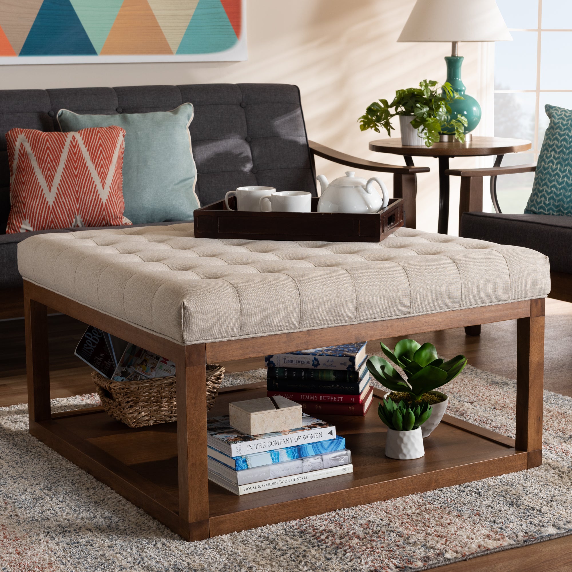 Alvere Modern and Contemporary Beige Fabric Upholstered Walnut Finished Cocktail Ottoman