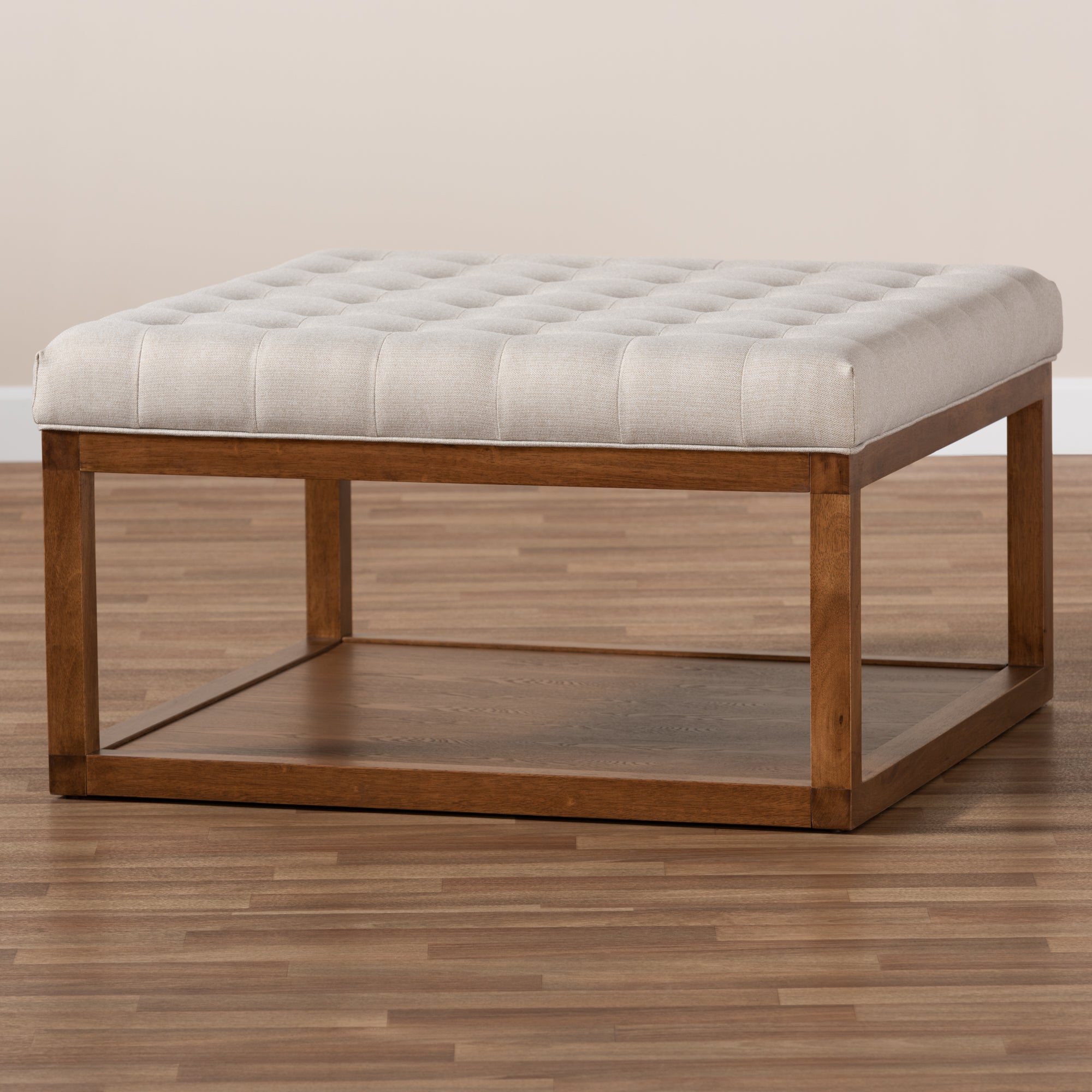 Alvere Modern and Contemporary Beige Fabric Upholstered Walnut Finished Cocktail Ottoman