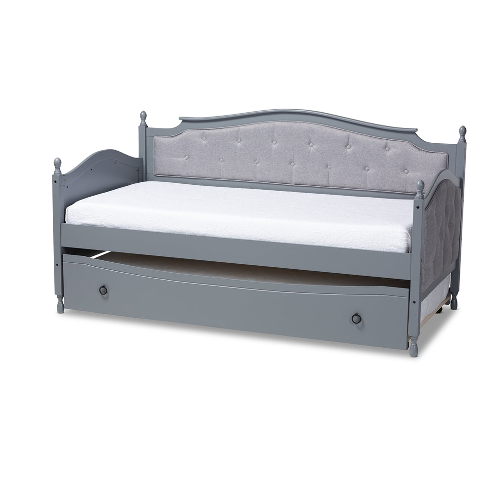 Marlie Twin Daybed Grey Fabric White Wood Traditional Style with Trundle