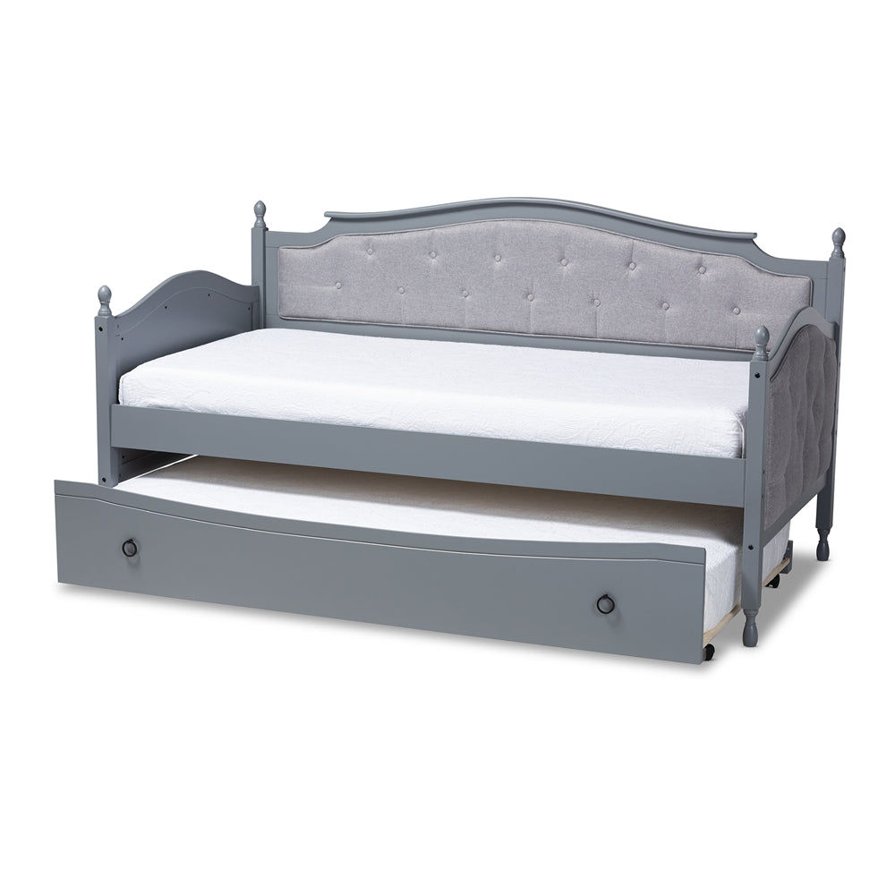 Marlie Twin Daybed Grey Fabric White Wood Traditional Style with Trundle