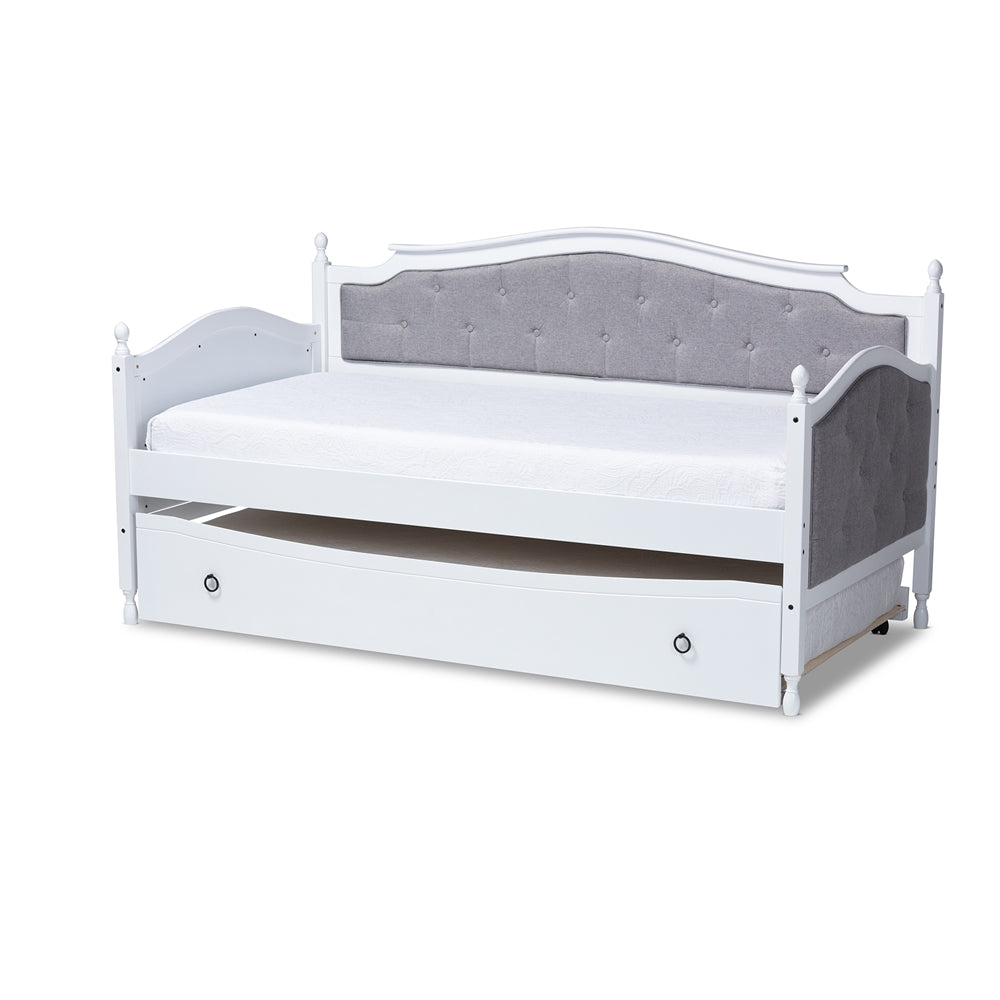 Marlie Twin Daybed Grey Fabric White Wood Traditional Style with Trundle